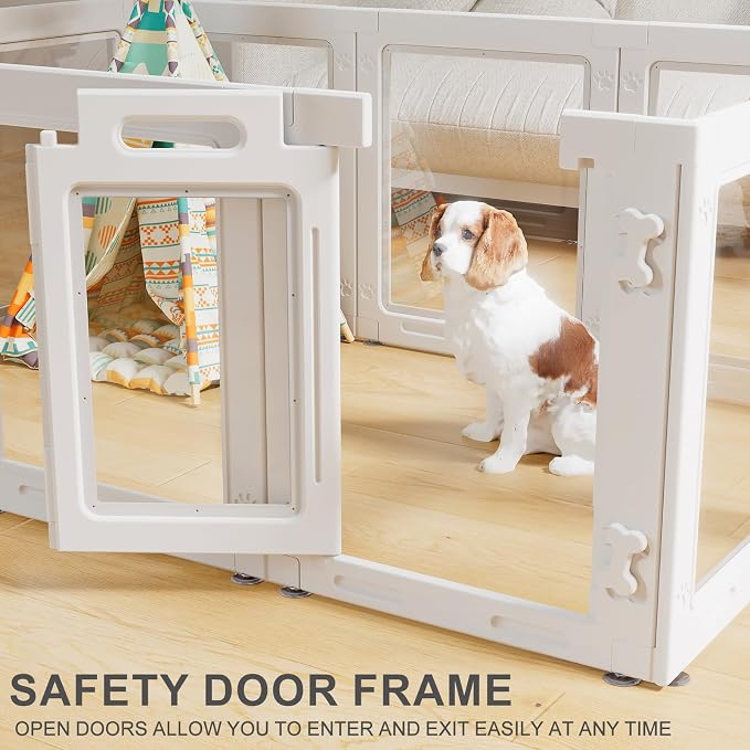 Clear Acrylic Dog Playpen with Door,23.6" Puppy Playpen,Easy Assemble Pet Fence,10-Panel for Puppies/Small Dog Play Pen Indoor (White, 23.6 Inch-H, 10 Panel)