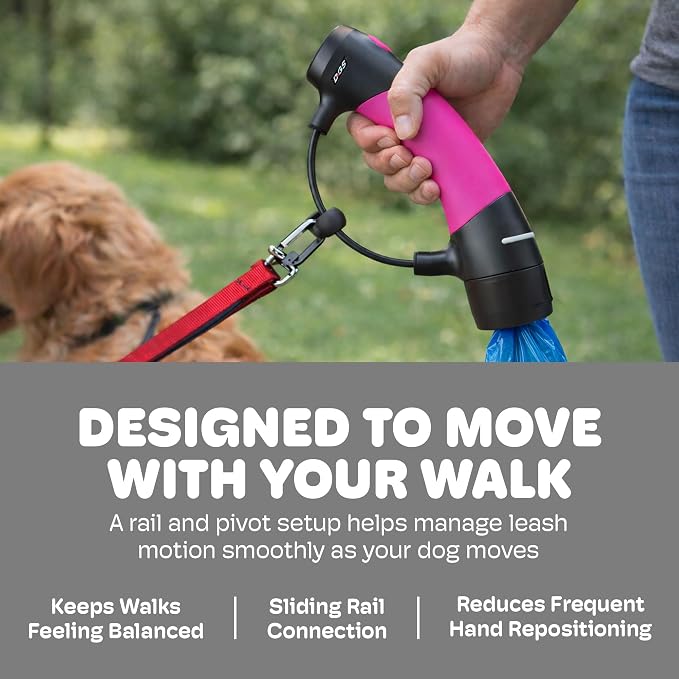Dog Gone Smart I’m Gismo Handle with Poop Bag Dispenser - Ergonomic One-Hand Leash Holder with Silicone Grip - Smooth Rail System for Controlled Walks - Supports Dogs Up to 85 lbs - Hot Pink