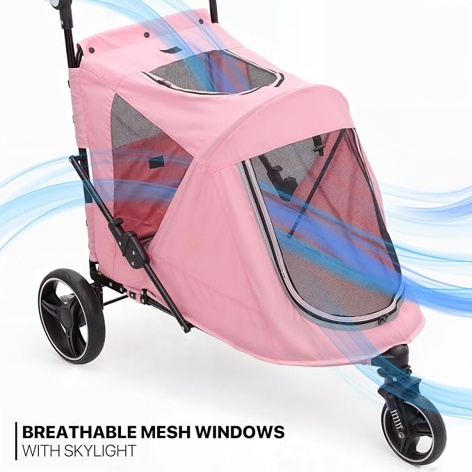 MoNiBloom 3-Wheel Pet Stroller for Large Dogs - Pink, up to 55lbs, Dual Entry
