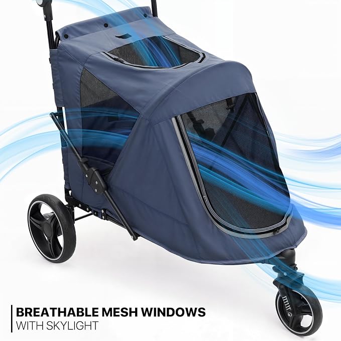 MoNiBloom Pet Stroller for Large Dogs or Dogs Cats up to 55 lbs, Navy Blue | with Adjustable Handle, 3-Wheels Dual Entry Portable Dog Carting Easy Folding Pet Wagon Double Multiple Dog Stroller