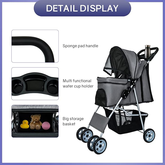 BestPet 4-Wheel Pet Stroller - Grey, Cup Holder