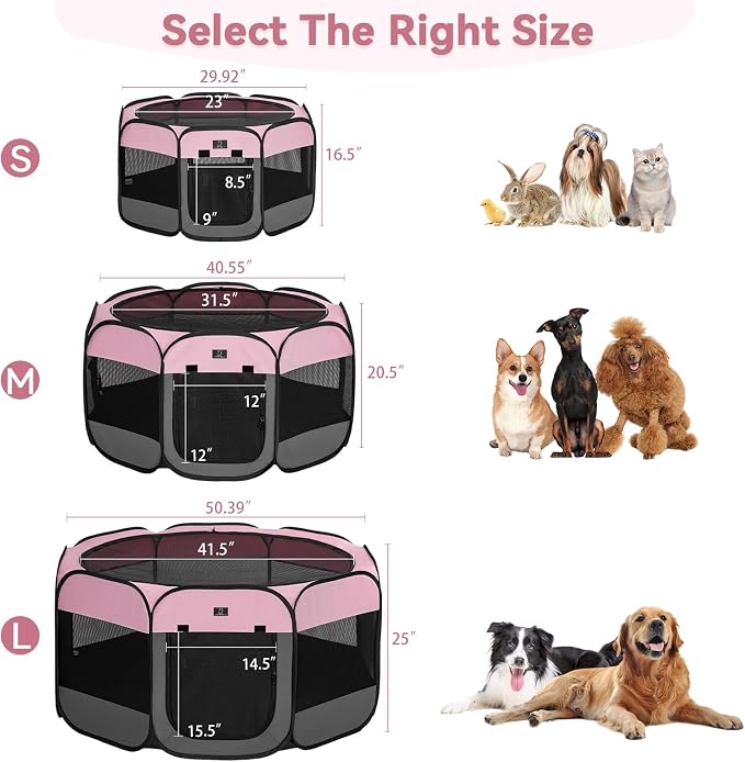 Dog Playpen for Small Dogs & Puppies, 40.55" Portable Indoor Outdoor Puppy Playpen with Bowl, Waterproof Floor, Foldable Pop-Up Pet Pen for Home, Travel & Daily Use, Pink+Grey