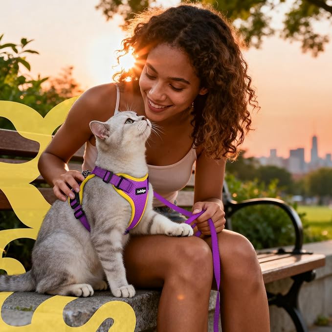 rabbitgoo Cat Harness and Leash Set, Escape Proof Vest, Purple & Yellow | Soft Breathable Mesh, Easy Adjustable Fit, Snap Buckles, Sturdy Clip, Reflective Strips, for Small & Average Cats Walks, Xs