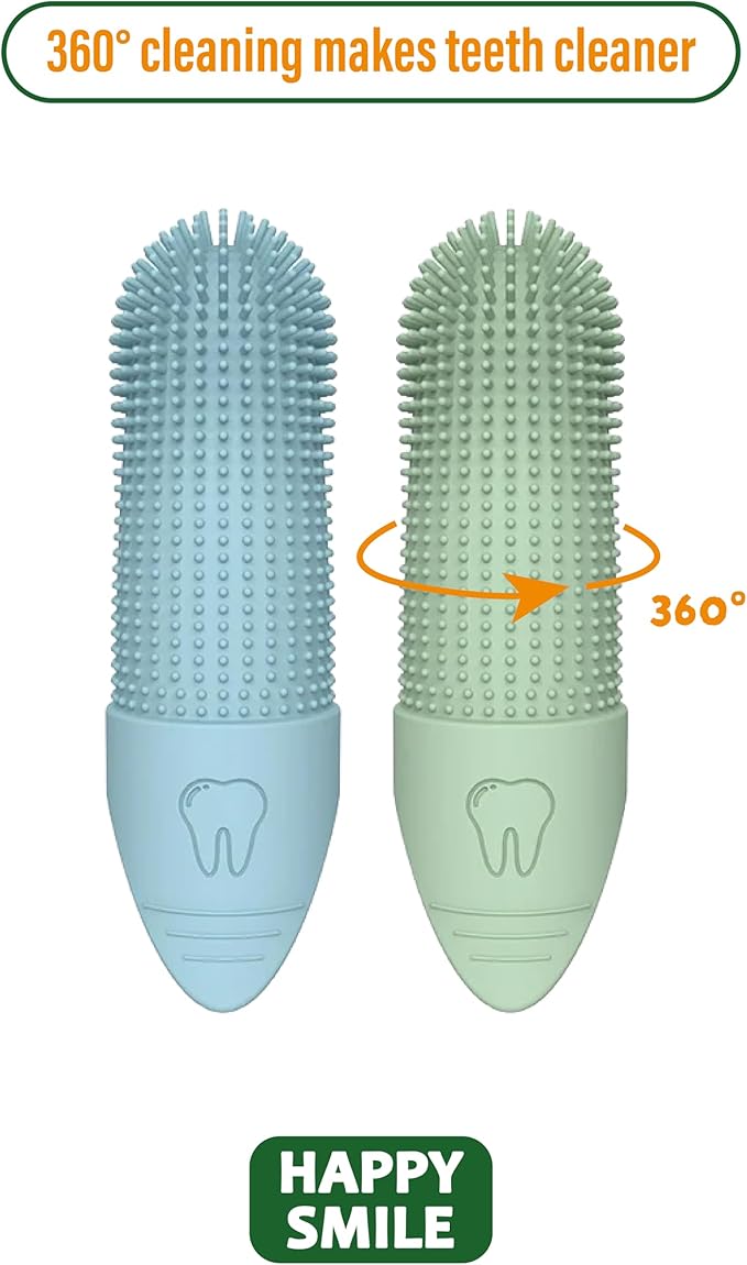 Happy Smile Dog Toothbrush 360° – Soft Silicone Finger Toothbrush for Dogs & Cats, Gentle Teeth Cleaning, BPA-Free, 2-Pack (Blue & Green)