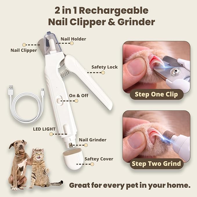 2-in-1 Dog & Cat Nail Clippers with 2 LED Lights, White