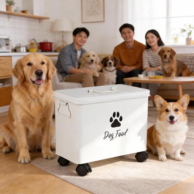 Dog Food Container 13lb, The storage container for small and medium-sized dog and cat food measures 13 inches (length) x 7.1 inches (width) x 11 inches (height), with enough space to hold 13 pounds of pet favorite dry food., 13lb, Metal, Black