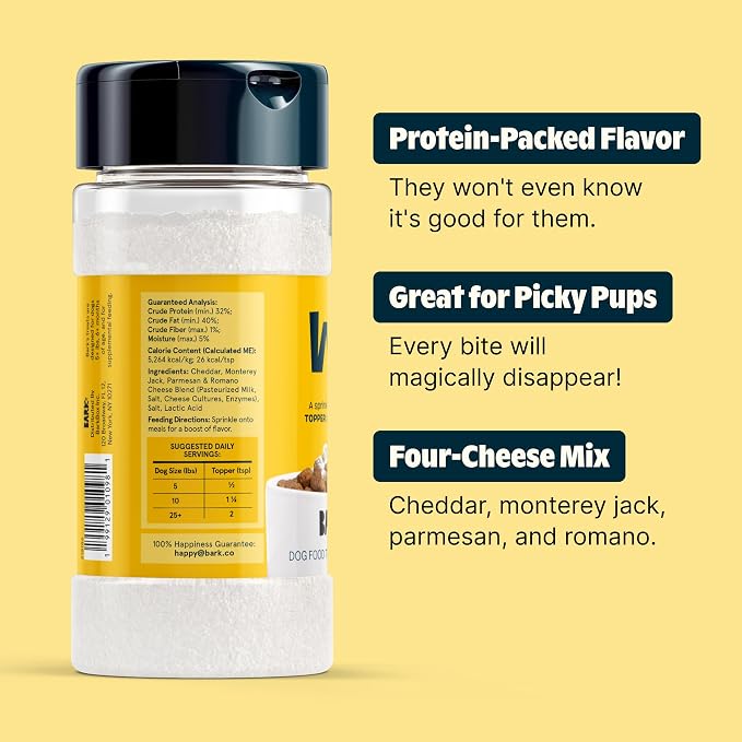 Bark in The Belly Cheese Dog Food Topper – Limited Ingredient Four Cheese Blend with Cheddar, Monterey Jack, Parmesan & Romano – Shake & Sprinkle Meal Mixer for Dogs of All Breeds and Life Stages