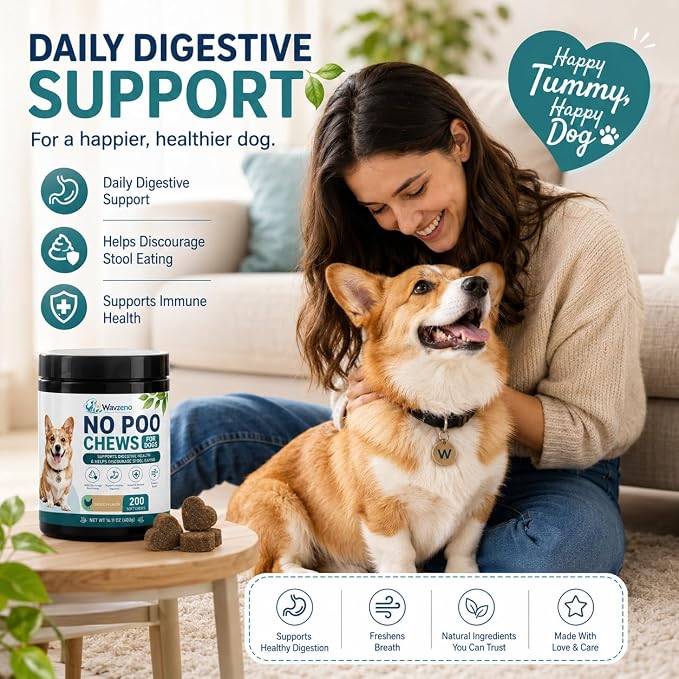 No Poo Chews for Dogs, Stool Eating Deterrent Soft Chews with Probiotics & Digestive Enzymes, Supports Healthy Digestion & Gut Balance, Helps Discourage Poop Eating Habits, 200 Count