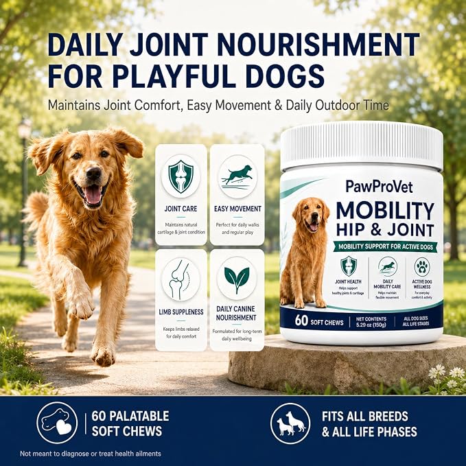 Pawprovet Mobility Hip and Joint, Soft Chews for Dogs with Glucosamine, MSM, Chondroitin, Boswellia and Green-Lipped Mussel, Daily Dog Supplement, 60 Count