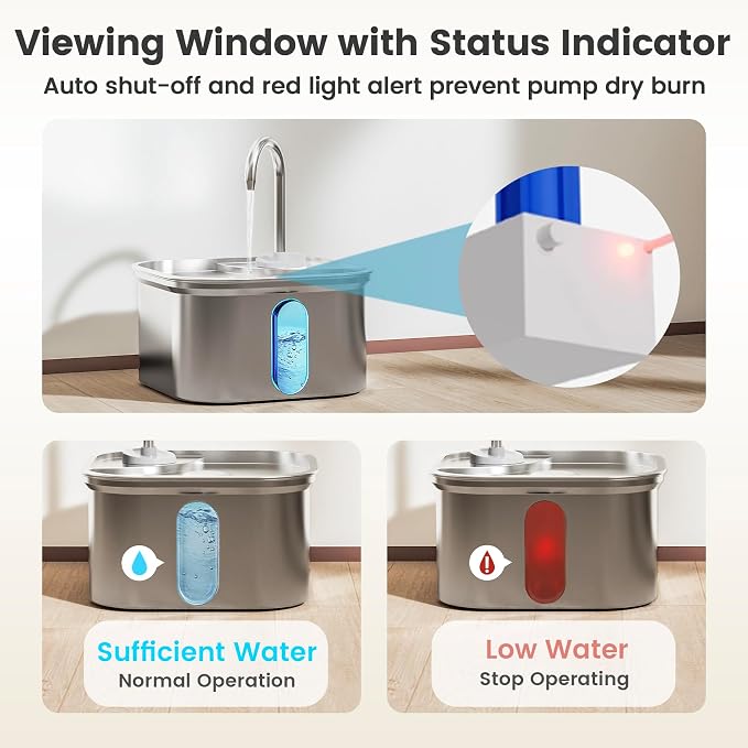Cat Water Fountain Stainless Steel, 108oz/3.2L Quiet Automatic Cat Fountain for Drinking, Safe Auto Shut-Off, Large Square Pet Water Dispenser for Dogs Indoor with 1 Replacement Filter