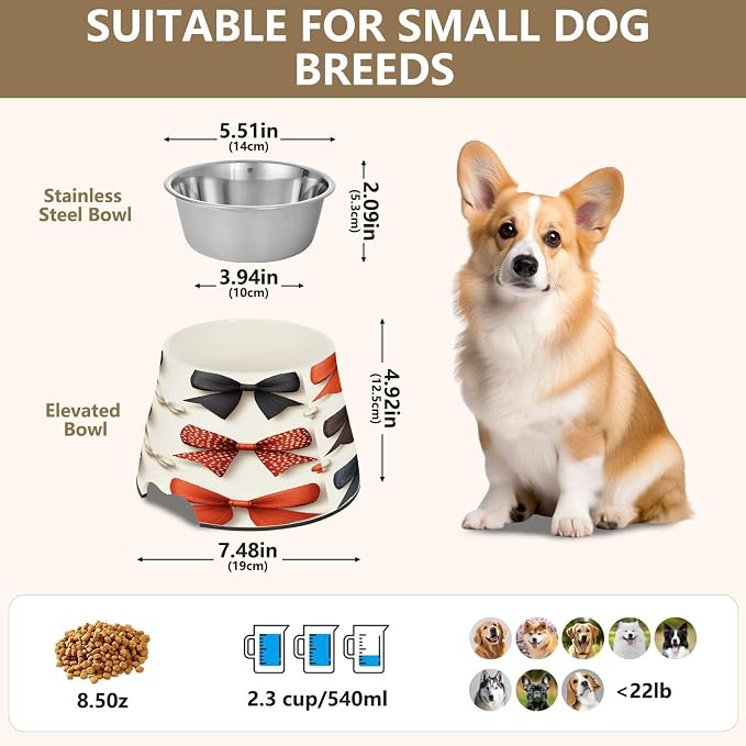 Blueangle Elevated Dog Bowls with Stainless Steel - Non-Slip 2.3 Cup High Capacity Pet Dish for Spinal Health & Red Bow Design（403）
