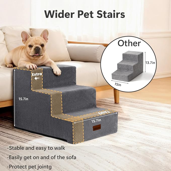 Aodisman Dog Stairs for Small Dogs, 3-Step Wider Pet Stairs for Couch and Beds, Non-Slip Dog Steps for Old Cats, Puppy, Small Medium Dogs,15.7" H,Grey
