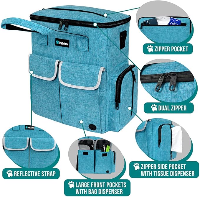 PetAmi Dog Travel Bag Organizer with Food Containers & Bowls, Teal Blue