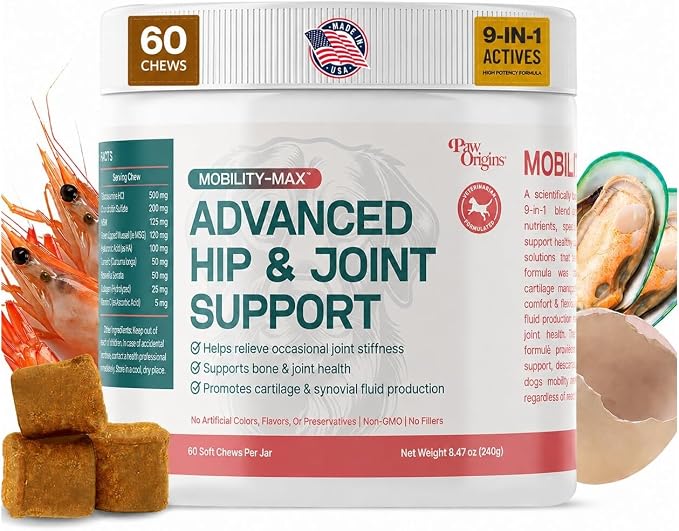Mobility Max Dog Hip and Joint Supplement with Glucosamine, Chondroitin, MSM & Vitamin C – Hip and Joint Chews for Dogs – 9-in-1 Advance Formula – 60 Bacon Chews for Active & Senior Dogs, 240g