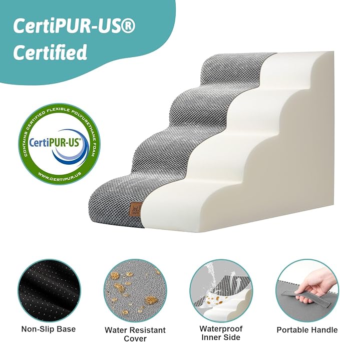 COZY KISS Dog Stairs for Small Dogs 19.7" H, Curved Dog Step for Puppy, Older or Cat, Medium Pet Ramp for Sofa, Couch or Bed, Ladder with High Density Foam, 4 Step, 15.7x28.3x19.7 inch, Grey