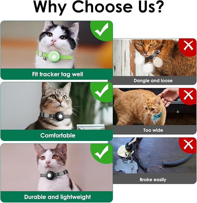 Smart Cat GPS Tracker, Cat GPS Tracker Compatible with Apple Find My App (Only iOS), No Monthly Fee, Waterproof (White Tracker, Green Cat Collar)