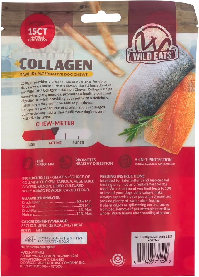 Wild Eats Real Salmon Collagen Bully Sticks for Dogs, (15ct, 1cm Thick) Healthy Bully Stick - Long Lasting Dog Chew Treat