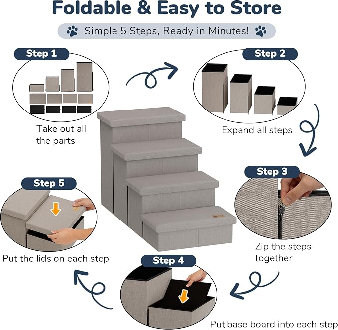 4-Step Wide Dog Stairs with Storage 23" H, Non-Slip Sturdy Pet Steps for High Bed Couch Window, Pet Stairs for Small/Medium/Large Old Dogs Cats Up to 220lbs, Cat Dog Steps for Car/SUV, Grey