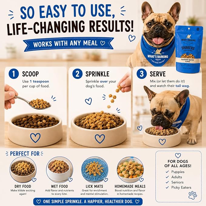 What's Barking Shakers Blueberry Muffin Dog Meal Topper, Treat Crumbles for Dog Food, Sprinkle Topper for Kibble or Wet Food, Made in USA, Resealable Bags, Pack of 3
