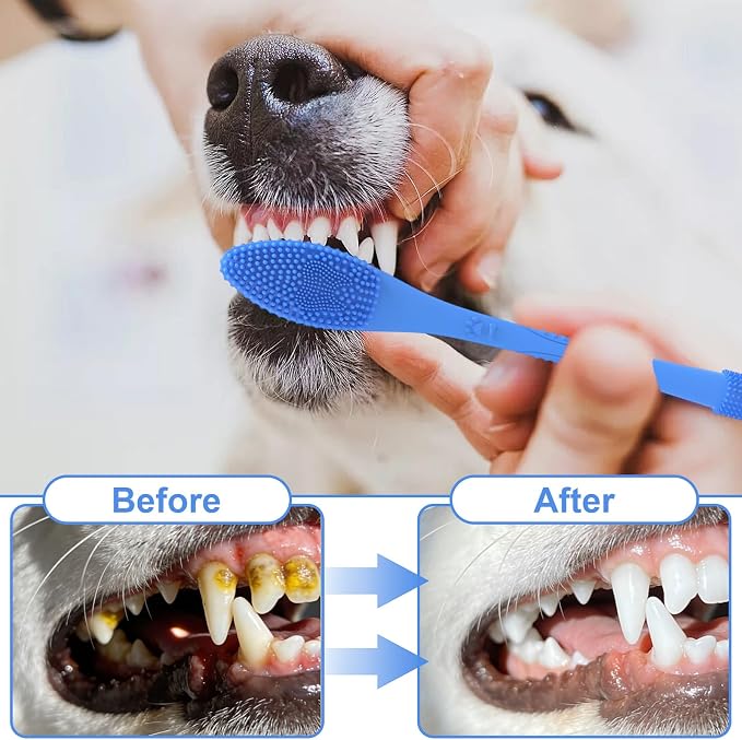 2 Piece Dog Toothbrush with Dual Head,Silicone Long Handle Toothbrush for Dogs Cats,Puppy Pet Tooth Brush (Royal Blue)
