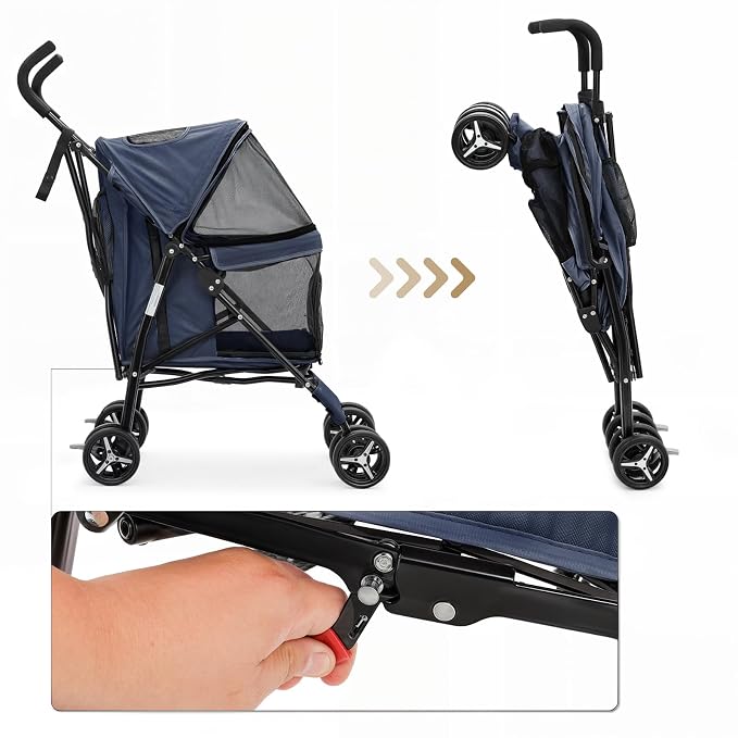 MoNiBloom 4-Wheel Foldable Pet Stroller - Navy Blue, up to 22lbs