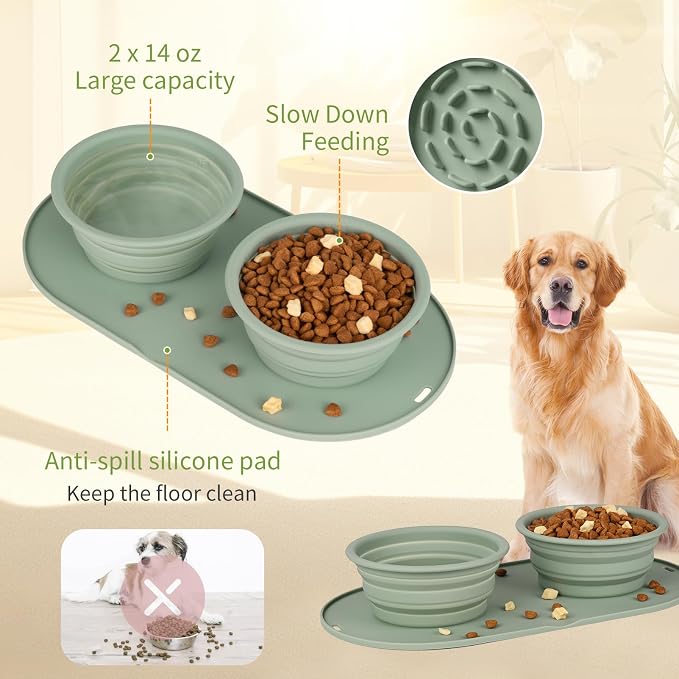 Puppy Dog Bowl, No-Spill Collapsible Double Bowl, Green
