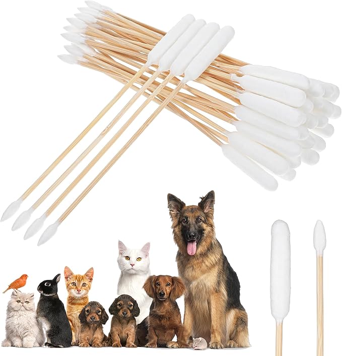 100PCS Long Cotton Dog Ear Swabs Double Sided Dog Ear Swabs 6 Inch Long Cotton Swab Large Double Sided Gentle Lint-Free Clean Wood Buds for Pet Dogs Ears Cleaning Wax Removal