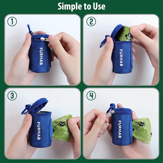 FURHAB Dog Poop Bag Holder for Leash Doggie Waste Bag Dispenser Soft Fabric Puppy Potty Carrier Small Doggy Zipper Pouch with Carabiner Clip 1680D Nylon Oxford with 1 Roll of Pet Trash Bag, Royal Blue
