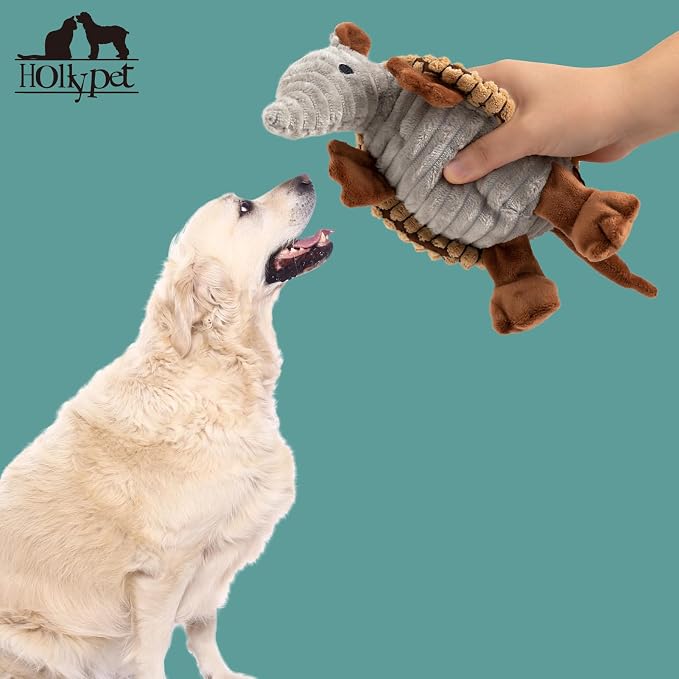 Hollypet Armadillo Squeaky Puppy Dog Toys for Small Medium Dogs, 8" | plush stuffed small dog squeak animal toy with unique grunt squeaker textured fabric for teeth cleaning toys