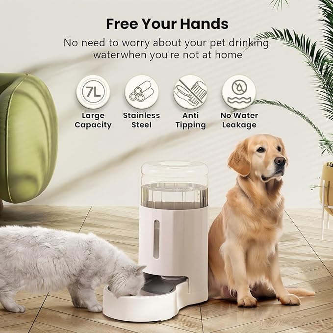 CZPET Dog Water Bowl Dispenser 7L, Wider Mouth & Upgraded Brush for Easy Cleaning Automatic Cat Gravity Refilling Waterer with Removable Stainless Steel Bowl, Large Drinking Area for Multi-Pet (White)