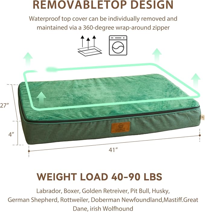 LIORCE Orthopedic Memory Foam XL Dog Bed - 4in Thick, Green