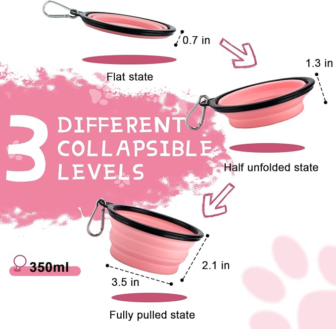 Collapsible Dog Bowls, 2 Pack, with Carabiners, Grey & Pink, Small