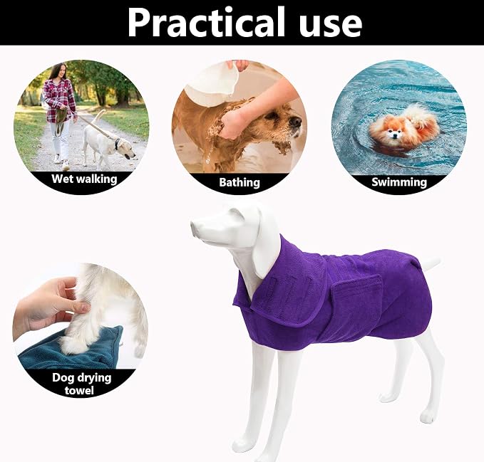 Geyecete Dog Drying Coat - Fast Drying Dog Bathrobe Towel - Microfibre Super Absorbent Pet Cat Bath Robe, Luxuriously Soft Purple XL