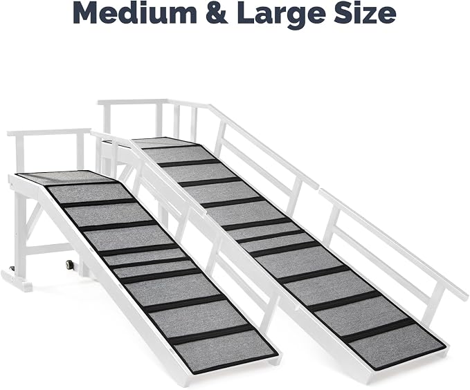 Dog Ramp for Bed or Couch, Wooden Pet Ramp with 20° Gentle Slope, Removable Side Rails, Non-Slip Surface, Top Platform & Wheels, Safe Bed Ramp for Small, Large & Senior Dogs, 60" Long, White