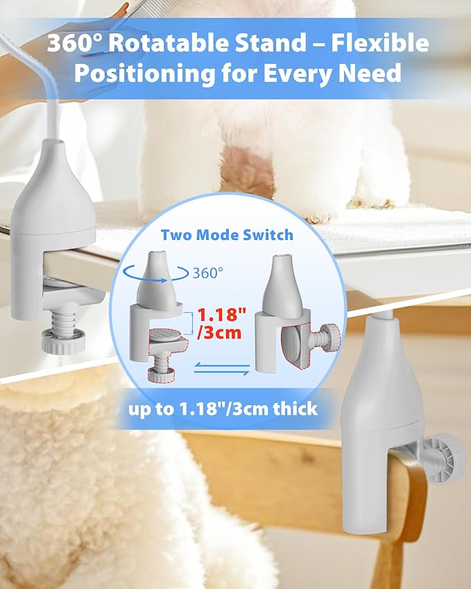 2-in-1 Hands-Free Dog Hair Dryer with Table Clamp – Low Noise Pet Grooming Dryer for Dogs & Cats, Adjustable Heat & Speed, Wearable or Desktop Use(Gray)
