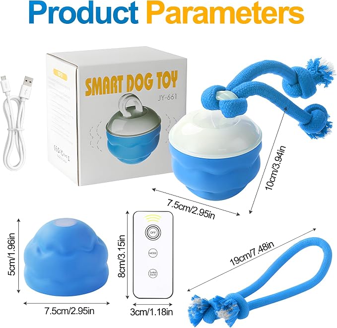 Interactive Dog Ball, Blue USB-C Rechargeable Rolling Toy | Touch activation starts rolling and chirping play modes for supervised indoor sessions
