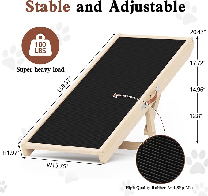 Dog Ramp for Couch, Wooden Pet Ramps 39.37" Long Adjustable 12"-20.47" Folding Puppy Ramps with Anti-Slip Rubber Mat, Dog Stairs for Small & Medium Older Dogs & Cats, up to 100lbs