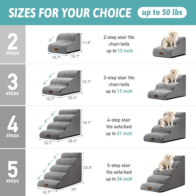 COZY KISS Dog Stairs for Small Dog 22.6" H, Curved Pet Step for Puppy, Older Cat, Medium Pet Ramp for High Bed, Ladder with High Density Foam, Durable, 5 Step, 15.7x33x22.6 inch, Grey