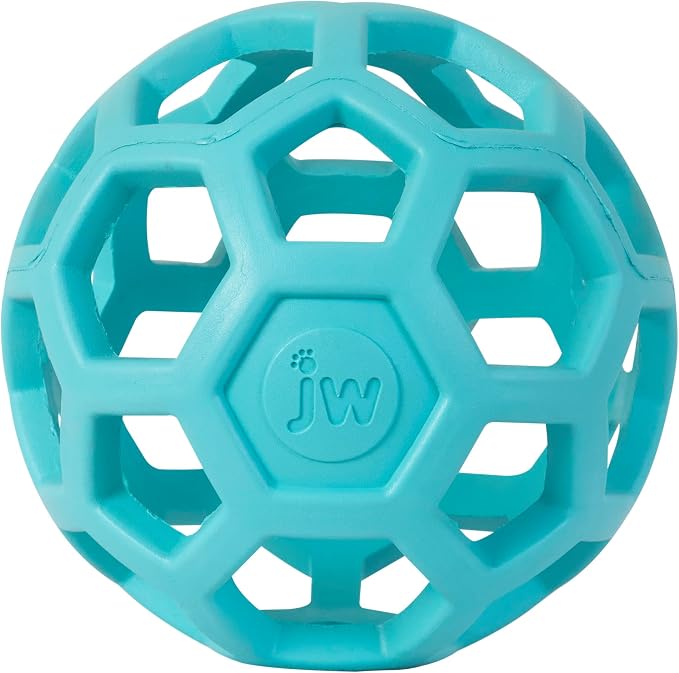 JW Pet HOL-ee Roller Dog Puzzle Ball, Medium 4.5in, Natural Rubber, Blue | Puzzle Ball Design Dog Toy for Interactive Play and Chasing Fun