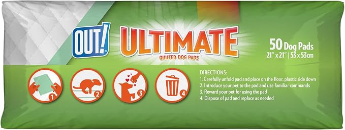 OUT! Petcare Large Dog Pee Pads, Disposable Quilted Training Pads with Pro-Grip, Leak Proof Absorbent Backing, Fast Drying, Puppy Housebreaking, Non Slip, Indoor Pet Potty Supplies, 21x21, 50 Count