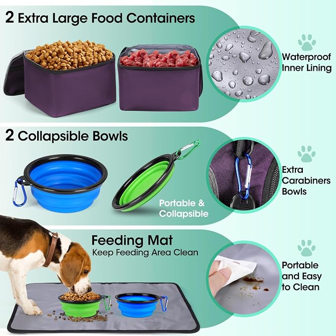 IGOLUMON Dog Travel Bag Set with 2 Food Containers, 2 Bowls, 1 Feeding Mat, Purple