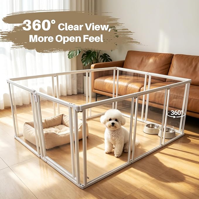 NiceTCU 24" H Acrylic Dog Playpen Indoor, Metal Frame Clear Dog Playpen with Door - 12 Panels, Easy Assemble Pet Fence, DIY Foldable Pet Pen for Ducks Puppy Rabbit Small & Medium Pets- 12Pcs White