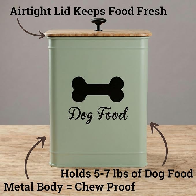 Metal Dog Food Container 5-7lb, 7lb, Bamboo, Sage Green: Bone