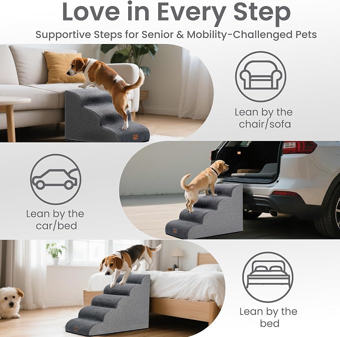 GoGoBunny Ramp Dog Stairs for High Beds 24.4" H, 5-Step Extra Wide Dog Slope Stairs with Durable Waterproof Fabric Cover, Pet Steps for Old Large Dogs Climbing, Non-Slip Sturdy Indoor Step, Grey