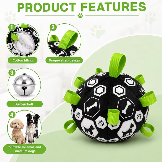 Dog Toys Dog Balls, Dog Soccer Ball Toy with Strap & Built-in Bell | Suitable for Small & Medium Puppies, Dog Birthday, Herding Ball, Birthday Gifts