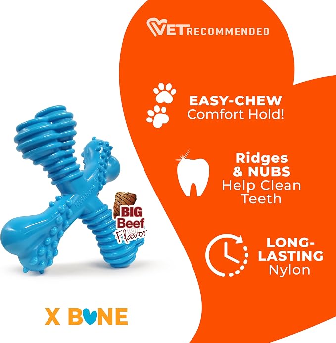 Nylabone Power Chew Comfort Hold X Bone Dog Chew Toy, Beef Flavor, Small | Small breeds, durable dog toys for dogs up to 25 lbs, teeth-cleaning textures, discourages destructive chewing, long lasting