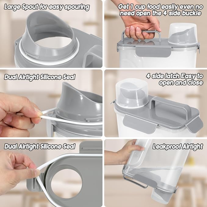 LEAWALK Cat Dog Food Storage Container Upgraded Large Nozzle, 2-Pack, Large, Gray