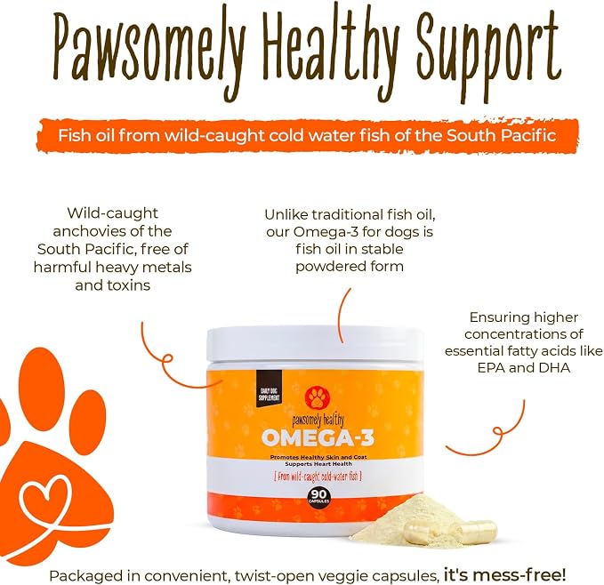 Pawsomely Healthy Omega-3 for Dogs – Mess-Free Powder Capsules, No Refrigeration – Wild-Caught Anchovy Oil – EPA & DHA for Skin, Coat, Joints & Heart – All Breeds & Life Stages – 90 Count