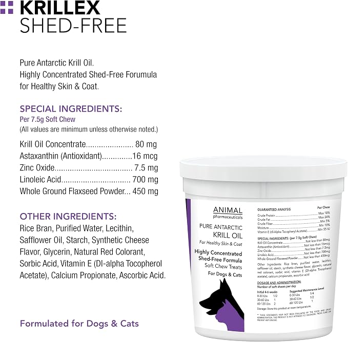 Animal Pharmaceuticals Krillex Shed-Free Chews - Shedding Support Krill Oil for Dogs & Cats - Skin and Coat Omega 3 Supplement for Dogs - 60 ct