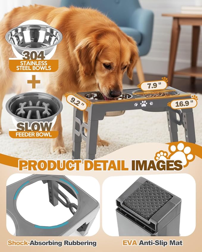 Jovrun Elevated Dog Bowls for Small Medium Large Size Dogs, Non-Slip Dog Feeder with 2 Food Water Bowls, 2-5 Heights Adjustable Raised Bowls Stand